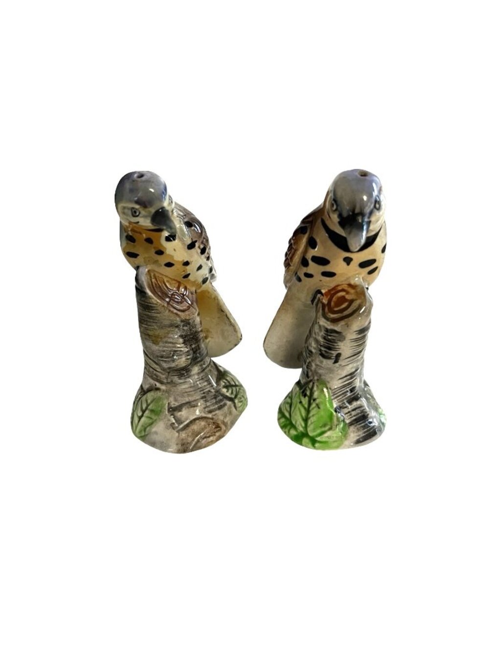 Vintage Flicker Bird Salt Pepper Shakers Japan Ceramic Woodpecker Tree Stump Pai
